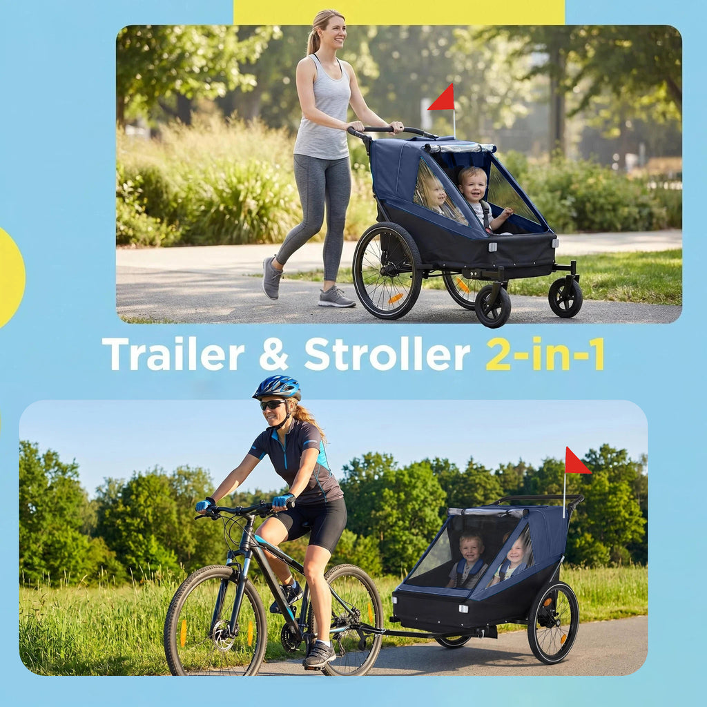 2 in 1 Kids Bike Trailer and Stroller for 1 to 2 Children, Jogging Function, Foldable Compact Storage with Universal Bike Hit
