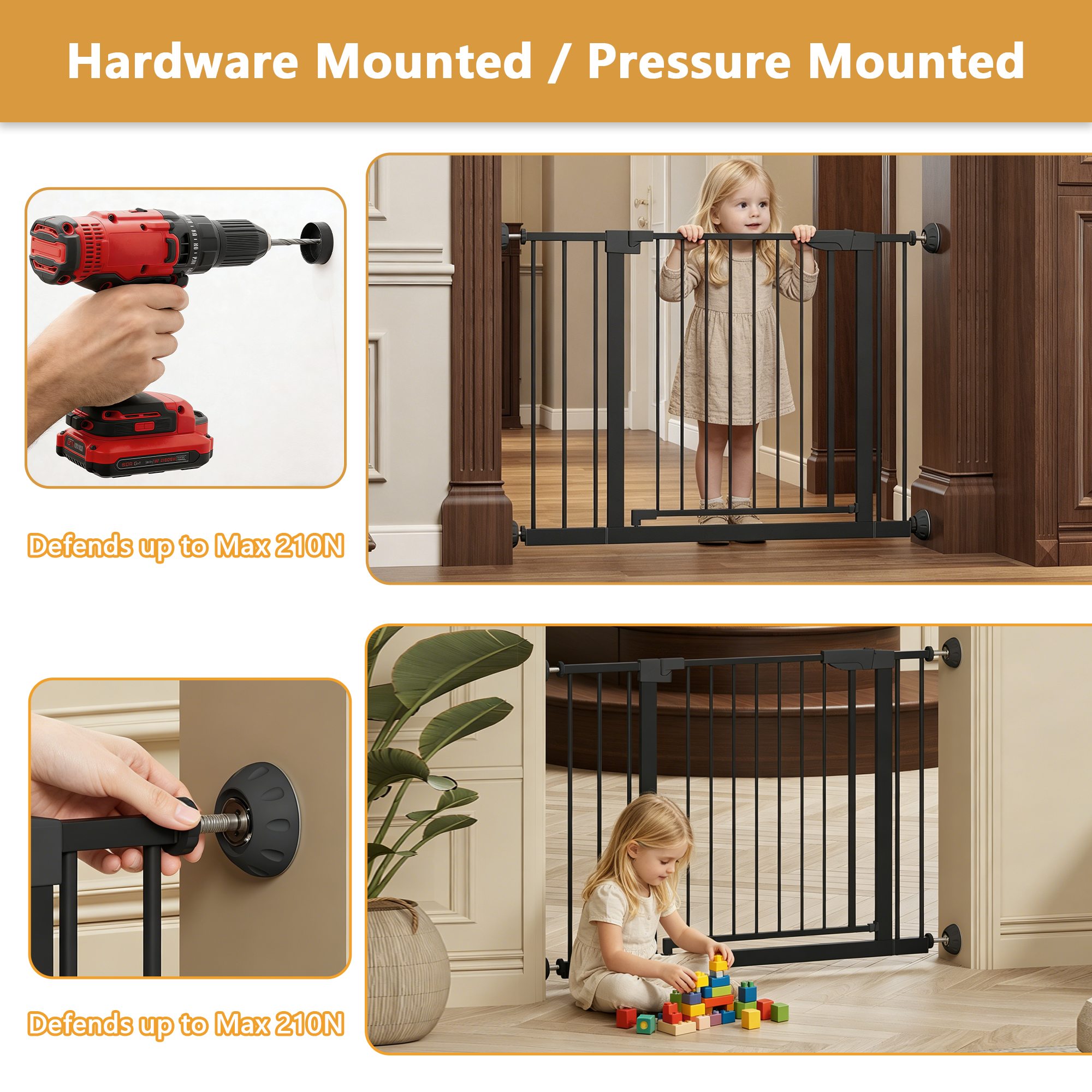 29.5-45.3' Wide Baby Gate with wall protector for Stairs, Dog Gate Indoor for Doorways, No Drilling Pressure Mounted Pet Gate