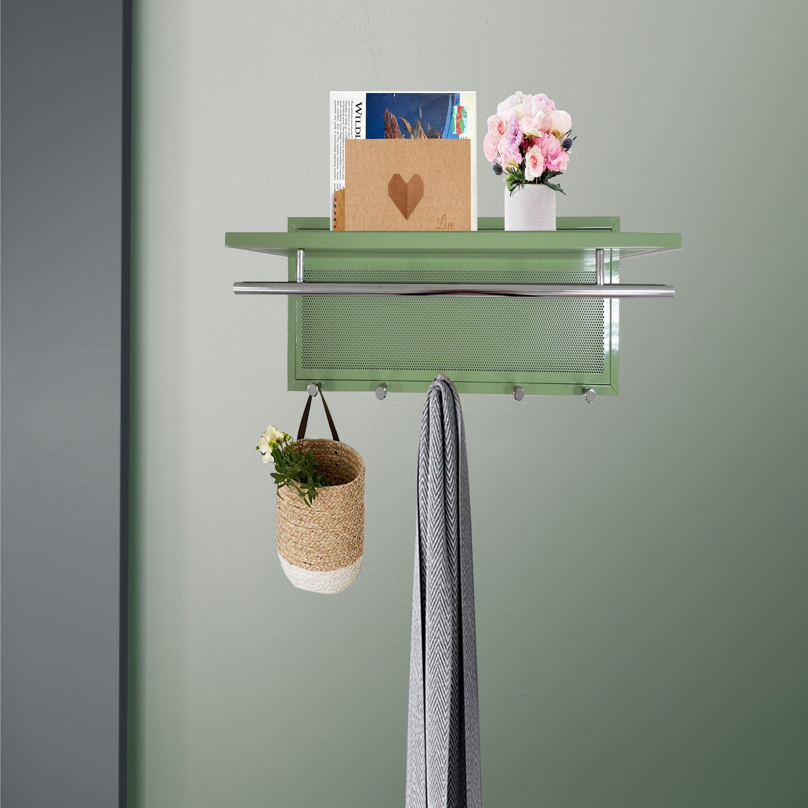 Esyspot Metal Powder Coating Hook Wall Mounted with Shelf Green Metal 29.53 inches - Grand Goldman Shop