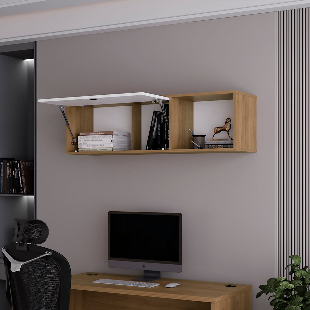 Roslyn Wall-Mounted Cabinet with Lift-Up Door, Open Compartments, Natural Oak and White | Premium Home Decor - Grand Goldman