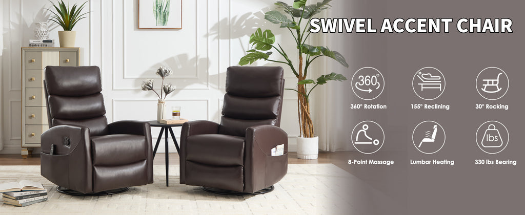 Heat Massage Manual Recliner Chair with Rocker and Swivel in Fabric for Living Room, Brown - Grand Goldman Shop