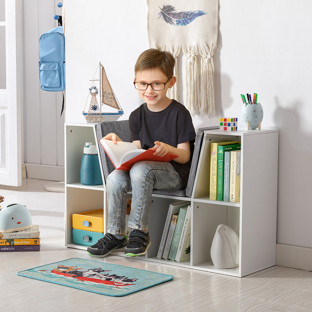 HOMCOM 6-Cubby Kids Bookcase with Reading Nook and Cushion, Multi-Purpose Storage Organizer for Bedroom, Living Room, Pure Wh