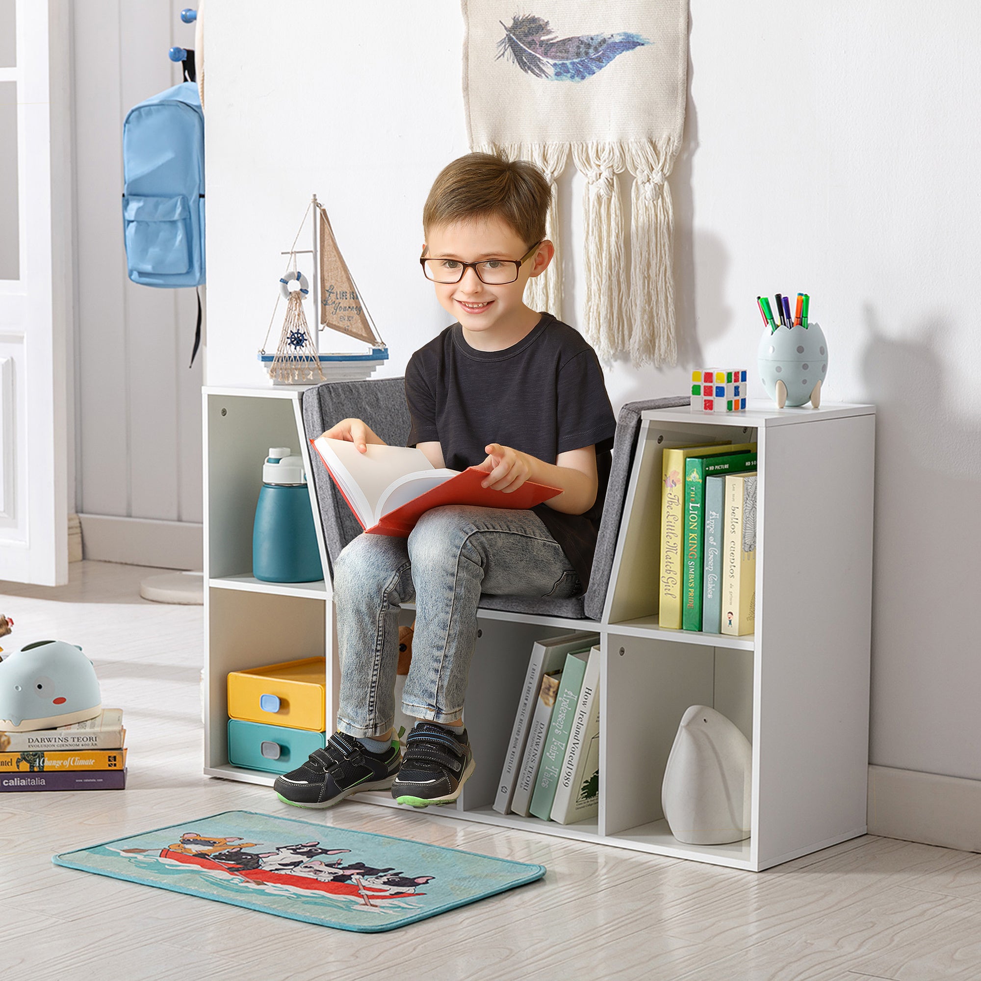 HOMCOM 6-Cubby Kids Bookcase with Reading Nook and Cushion, Multi-Purpose Storage Organizer for Bedroom, Living Room, Pure Wh