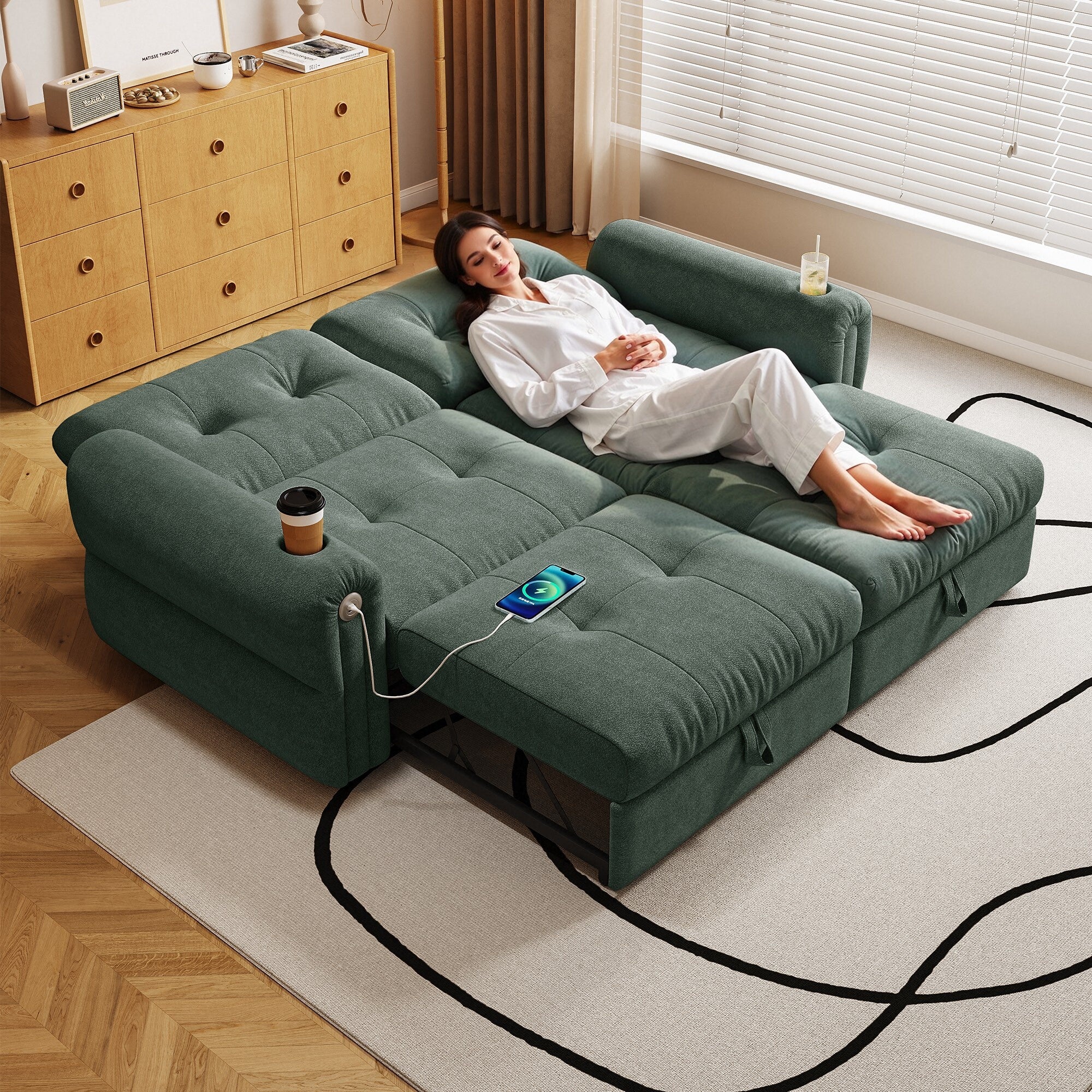 It is a multi-functional sofa, a 77-inch convertible sofa bed, and a 2-in-1 piece suitable for both sitting and lying down. Made of  Chenille fabric, it is suitable for living rooms, bedrooms - Grand Goldman Shop