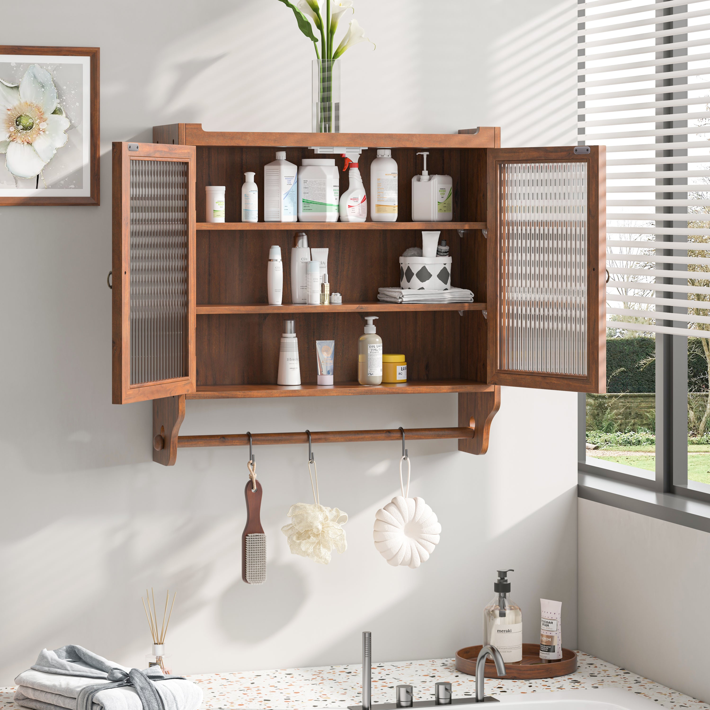 24.8'Glass Door Vintage Double Door Wall Cabinet with Three Tiers of Storage with Towel Rack, for Bathroom, Kitchen,Dining Room,Brown - Grand Goldman Shop