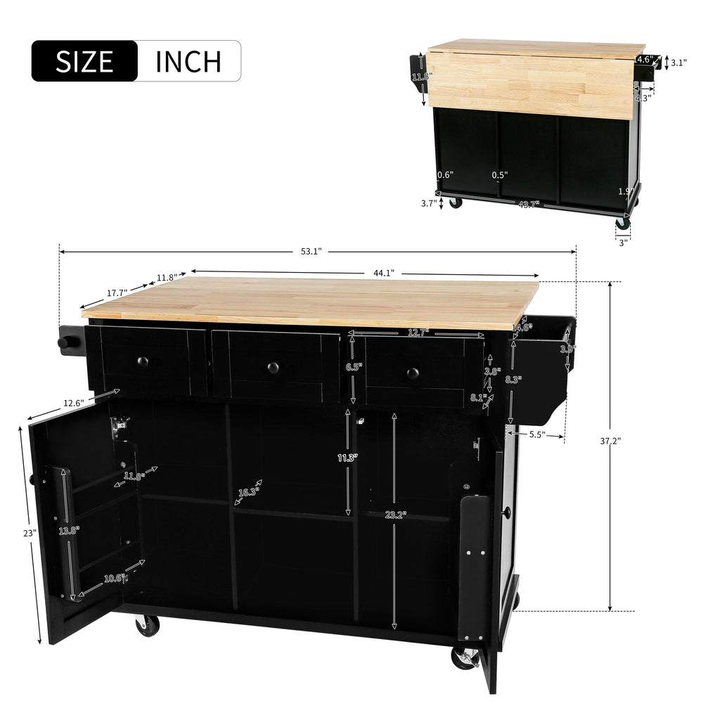 Kitchen Cart with Rubber wood Drop-Leaf Countertop ,Cabinet door internal storage racks,Kitchen Island on 5 Wheels with Storage Cabinet and 3 Drawers for Dinning Room, Black - Grand Goldman Shop