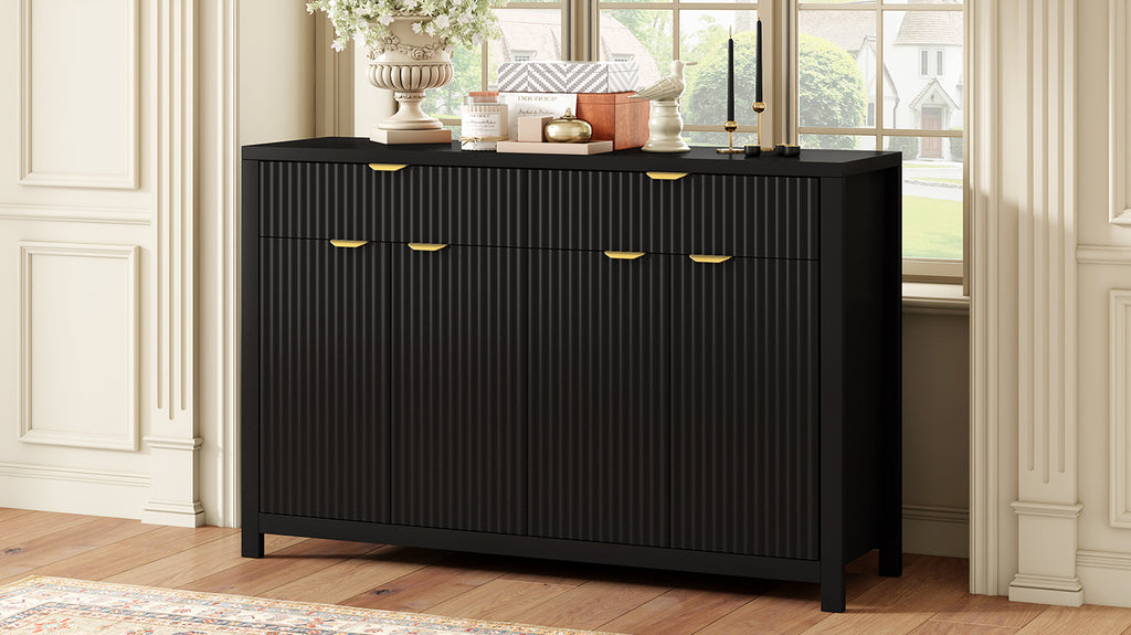 U_STYLE Modern 55.1'' Sideboard Buffet Cabinet with 2 Drawers & 4 Doors, Adjustable Shelves, Wave-Pattern Design, Aluminum Handles, Painted MDF, Scandinavian Storage for Dining Room, Living Room - Grand Goldman Shop