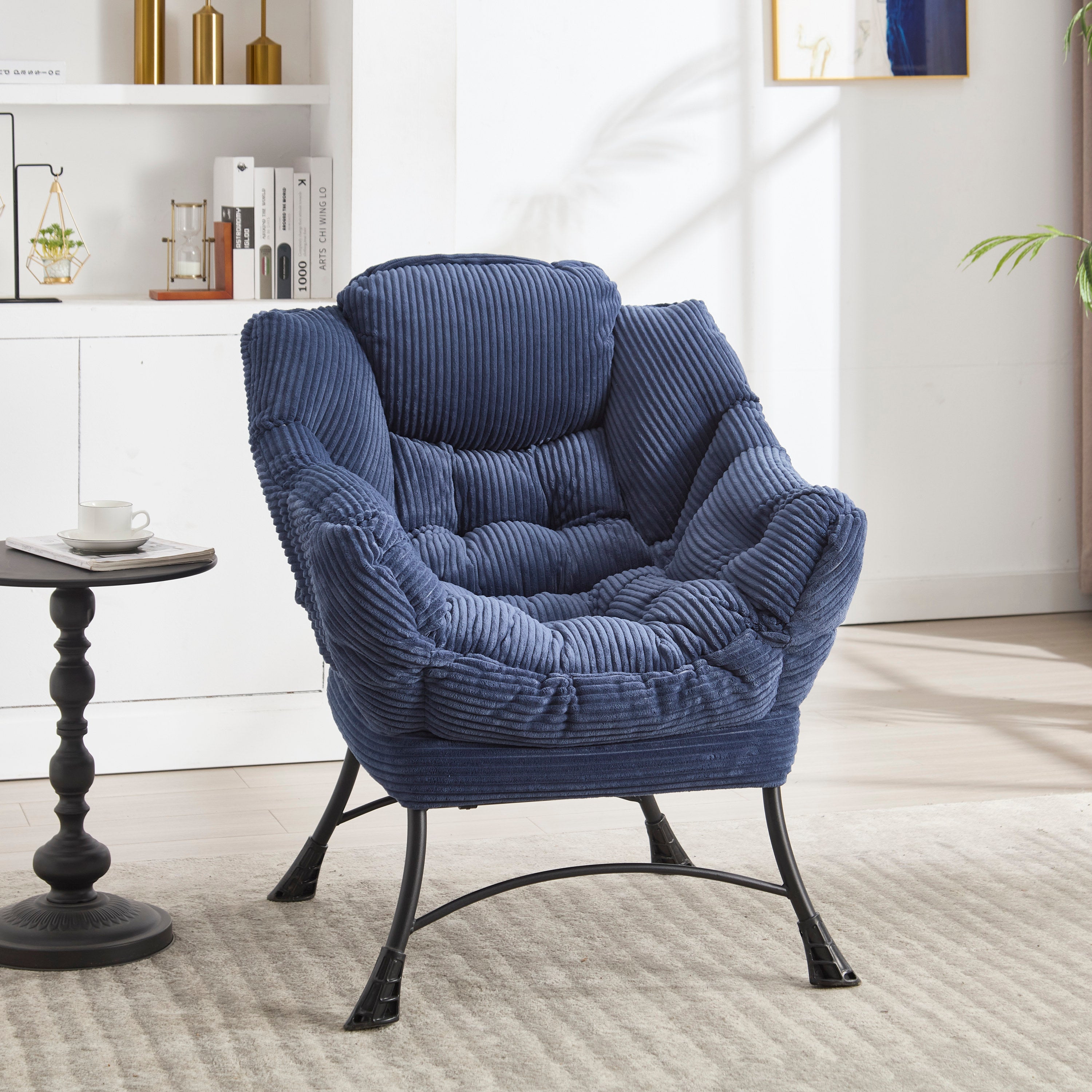 Lazy Chair with Ottoman, Modern Lounge Accent Chair with Armrests and a Side Pocket, Leisure Upholstered Sofa Chair Reading Chair with Footrest for Small Space, Corner Chair-Navy blue - Grand Goldman Shop