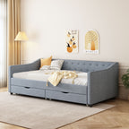 Twin Size Daybed with Drawers Upholstered Tufted Sofa Bed, with Button on Back and Piping on Waved Shape Arms-Light Grey - Grand Goldman Shop