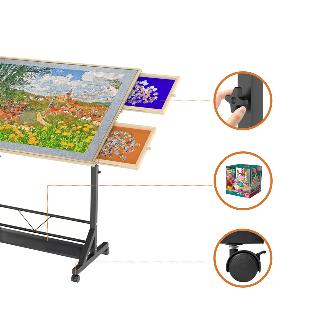 Wooden 1500 Pieces Puzzle Table with Drawer, 35'*27.17' Adjustable Puzzle Table, 360° Tilting Puzzle Table with Legs and Whee
