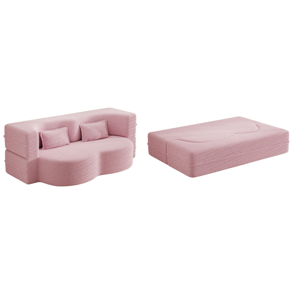 Modern Floor Sofa with 2 Pillows,Convertible Teddy Fabric Foam Filled Sleeper Sofa Bed,15 ' Full Size Folding Mattress for Living Room,Guest Bed,Playroom,No Assembly Required,Pink - Grand Goldman Shop