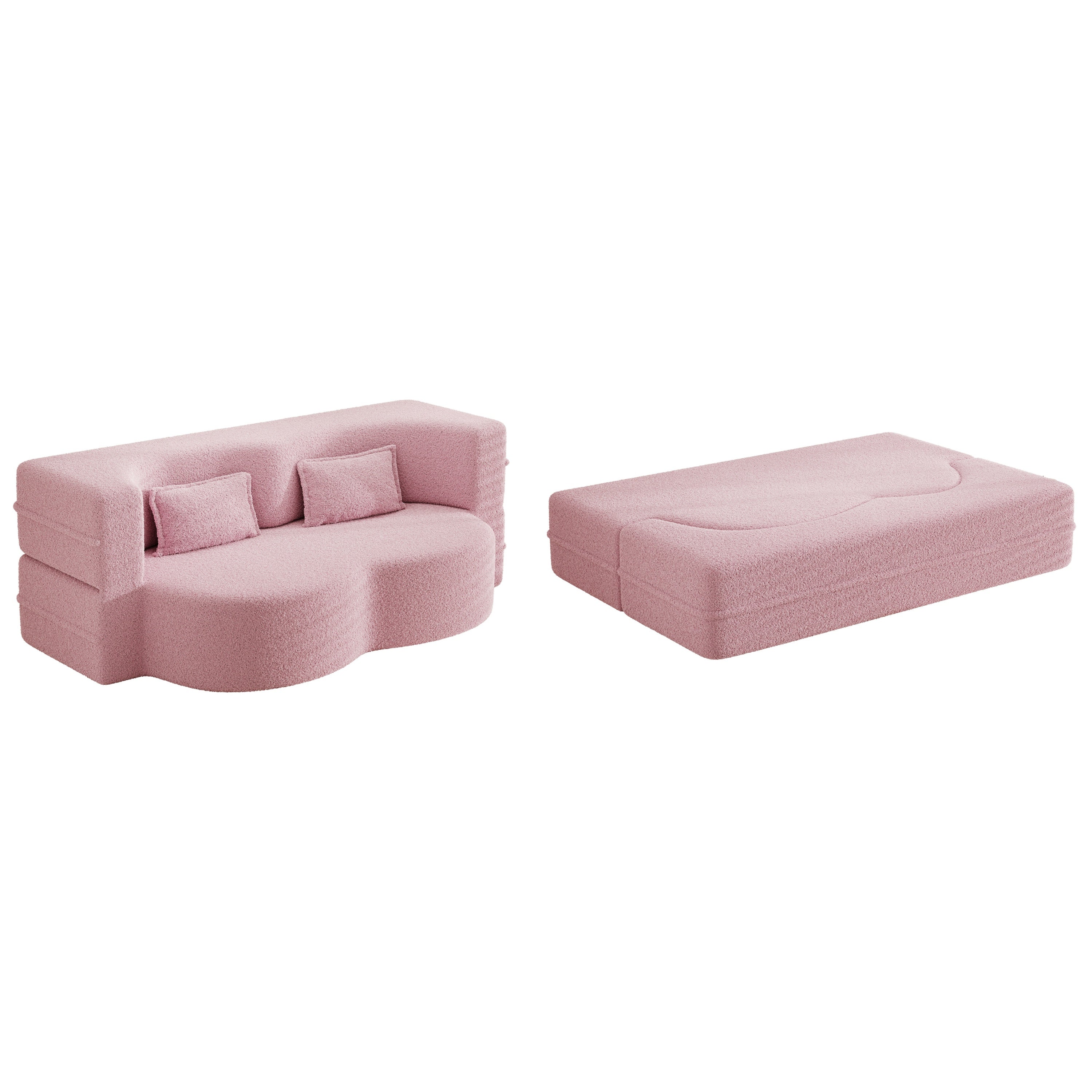 Modern Floor Sofa with 2 Pillows,Convertible Teddy Fabric Foam Filled Sleeper Sofa Bed,15 ' Full Size Folding Mattress for Living Room,Guest Bed,Playroom,No Assembly Required,Pink - Grand Goldman Shop