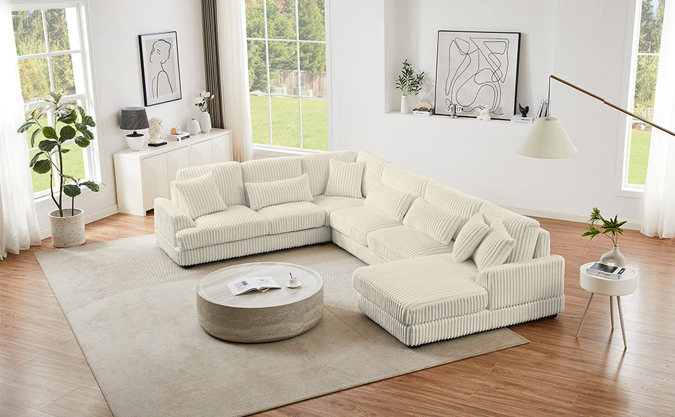 Modern Oversized U-shaped Sectional Sofa with Chaise Lounge in Beige Corduroy, 129' - Grand Goldman Shop
