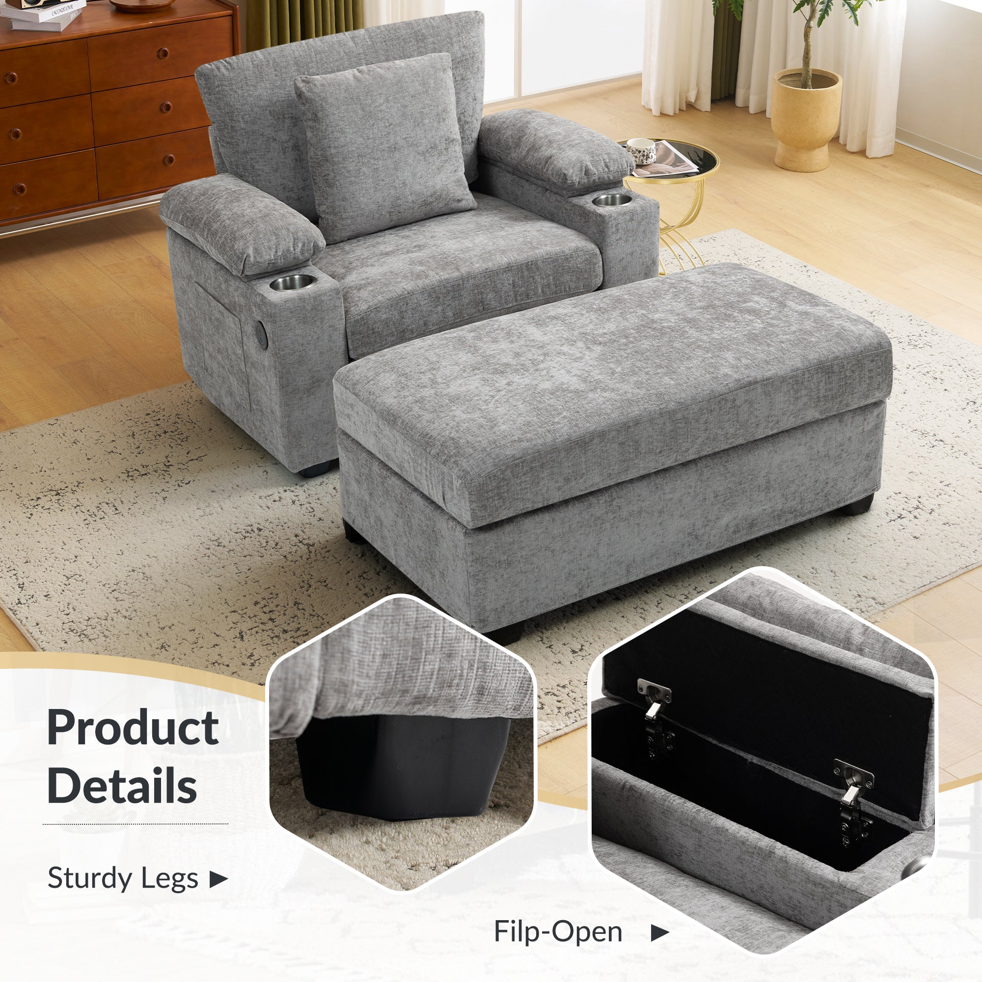 Modern Oversized Chair with Ottoman,Chenille Fabric Sofa Bed,Accent Chair Comfy Sofa with Cupholders and USB Charging Ports Chair for Living Room,Bedroom,Apartment - Grand Goldman Shop