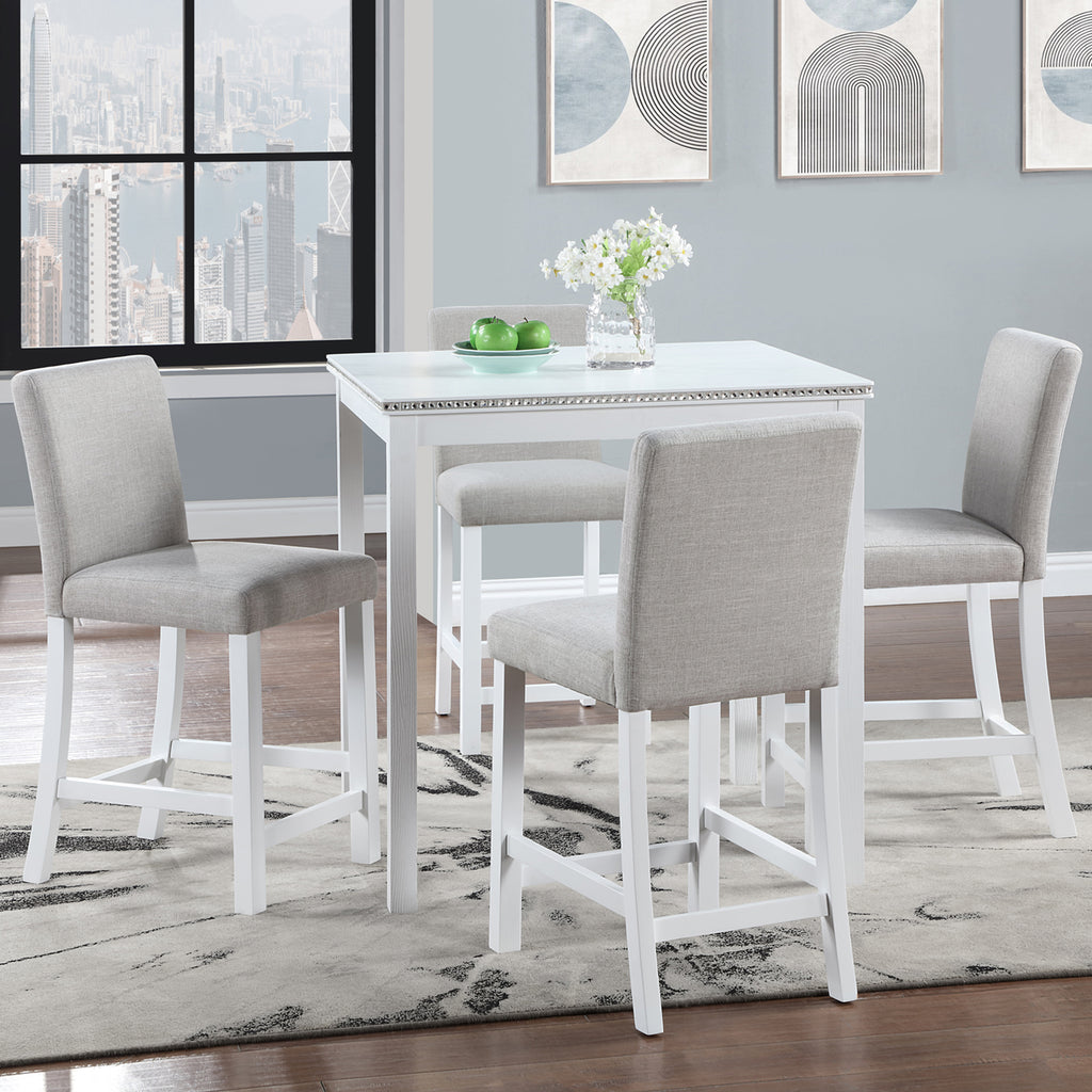 5 Piece Counter Height Table Set, Wooden Kitchen Table Set with Square Table and 4 Upholstered Chairs, Counter Height Dining Table with Crystal Decoration and Chair Set for Kitchen, Dining Room, White - Grand Goldman Shop