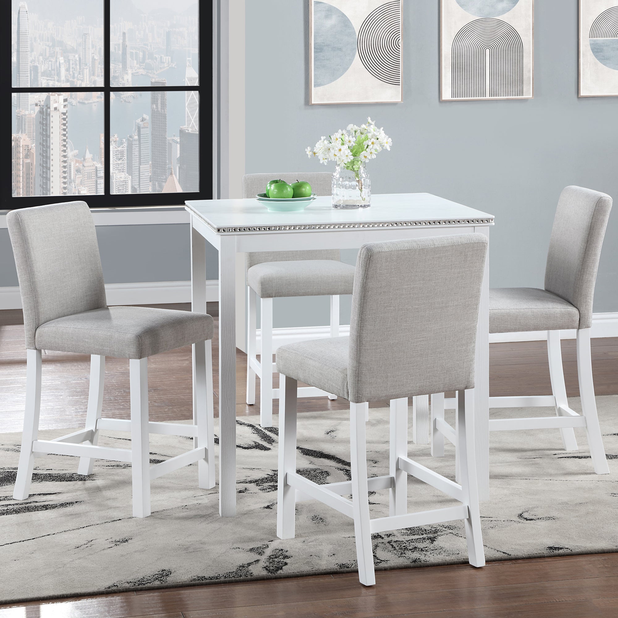 5 Piece Counter Height Table Set, Wooden Kitchen Table Set with Square Table and 4 Upholstered Chairs, Counter Height Dining Table with Crystal Decoration and Chair Set for Kitchen, Dining Room, White - Grand Goldman Shop