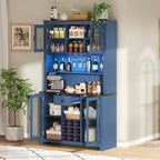 70.9' Kitchen Pantry Storage Cabinet Rustic Buffet Cabinet, Kitchen Hutch Cabinet with LED Outlets Food Pantry Cabinet with Doors and Shelves Wine Rack for Dining Room, Navy Blue - Grand Goldman Shop