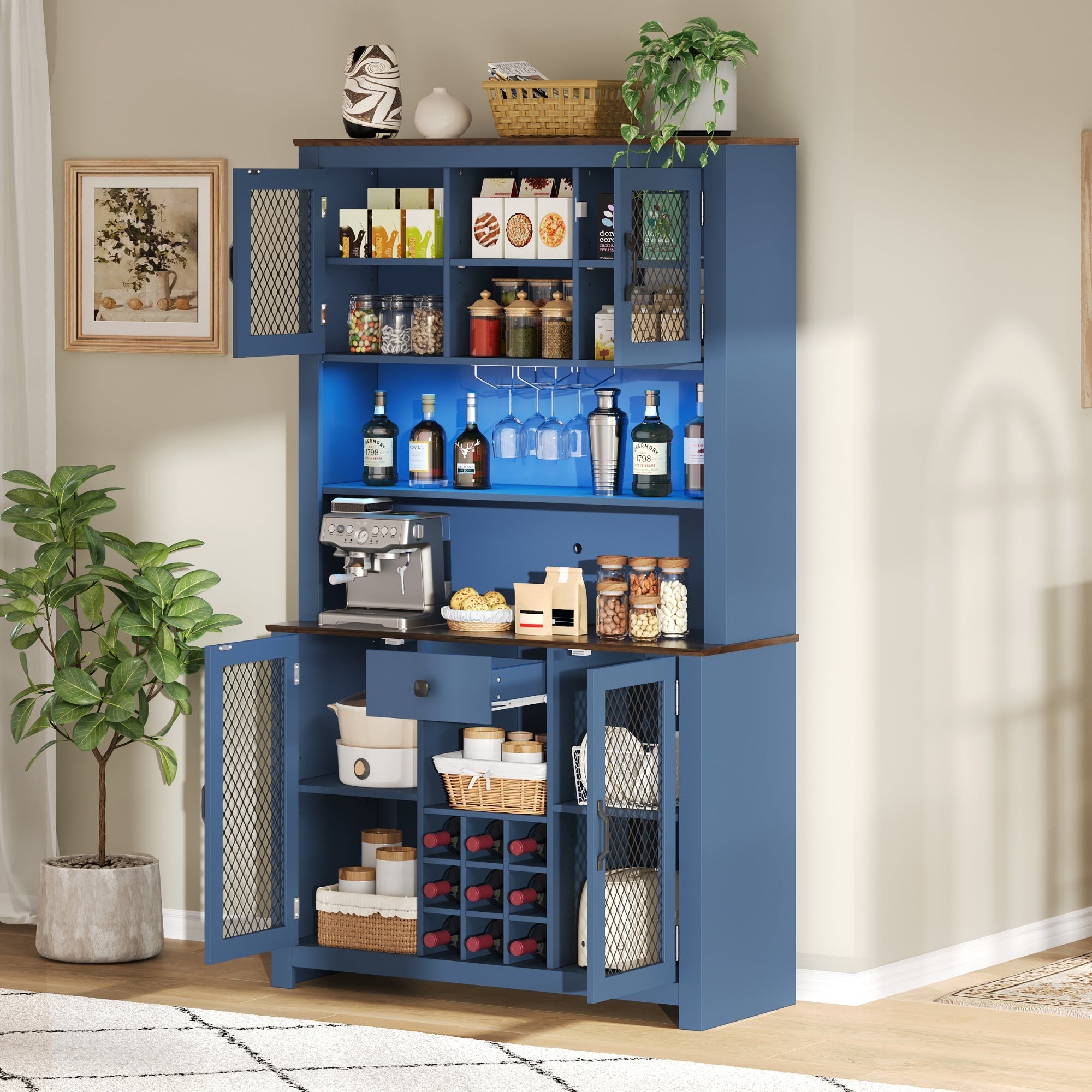 70.9' Kitchen Pantry Storage Cabinet Rustic Buffet Cabinet, Kitchen Hutch Cabinet with LED Outlets Food Pantry Cabinet with Doors and Shelves Wine Rack for Dining Room, Navy Blue - Grand Goldman Shop