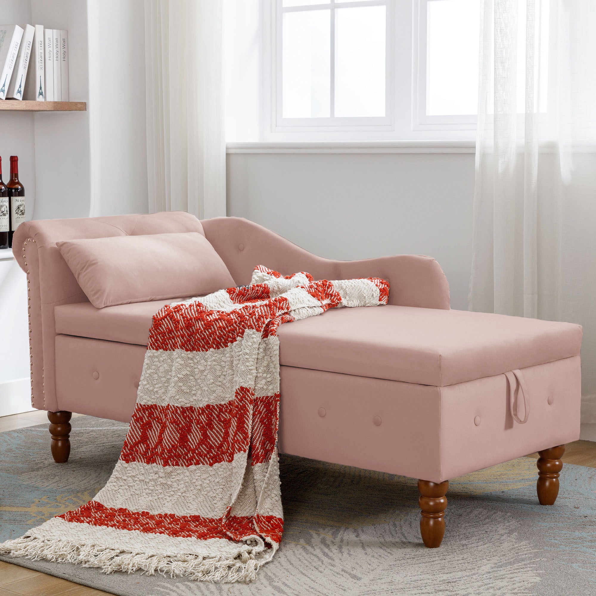 Pink Chaise Lounge Indoor, Velvet Lounge Chair for Bedroom with Storage & Pillow, Modern Upholstered Rolled Arm Chase Lounge for Sleeping with Nailhead Trim for Living Room Bedroom Office - Grand Goldman Shop