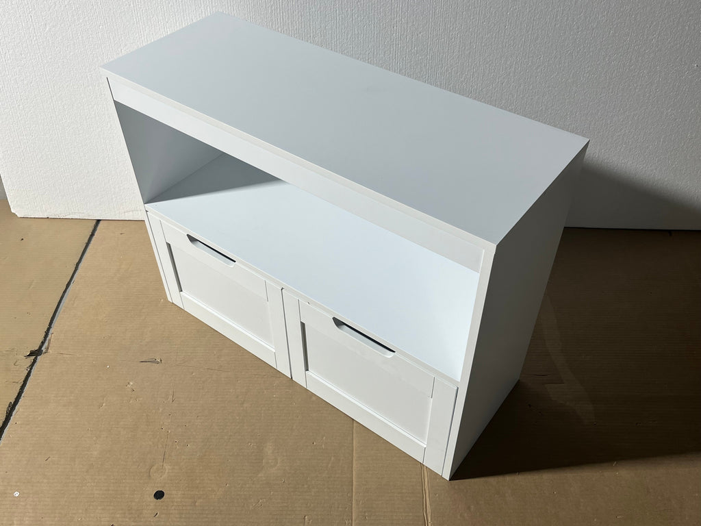 White Book Organizer with Large Drawers and Open Shelves, MDF Toy Storage Cabinet with Removable Wheels and Rounded Edges | P