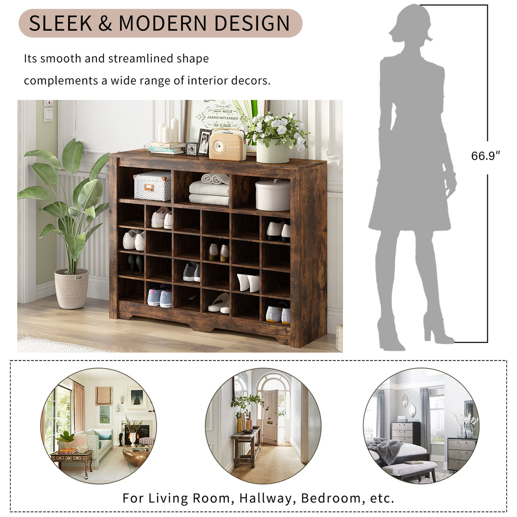 ON-TREND Sleek Design 24 Shoe Cubby Console, Modern Shoe Cabinet with Curved Base, Versatile Sideboard with High-quality for Hallway, Bedroom, Living Room, Rustic Brown - Grand Goldman Shop