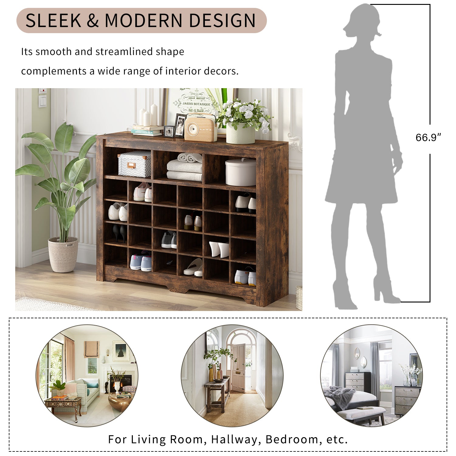 ON-TREND Sleek Design 24 Shoe Cubby Console, Modern Shoe Cabinet with Curved Base, Versatile Sideboard with High-quality for Hallway, Bedroom, Living Room, Rustic Brown - Grand Goldman Shop