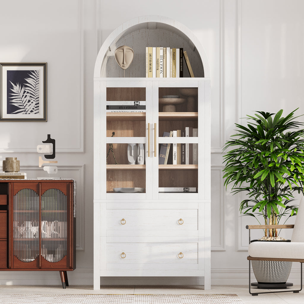 K&K 71' Tall Arched Kitchen Pantry Cabinet with 2 Large Drawers, Modern Farmhouse Kitchen Storage Cabinets with Adjustable Shelves, Glass Door, Wood Versatile Cupboard for Kitchens, Dining Room, White - Grand Goldman Shop