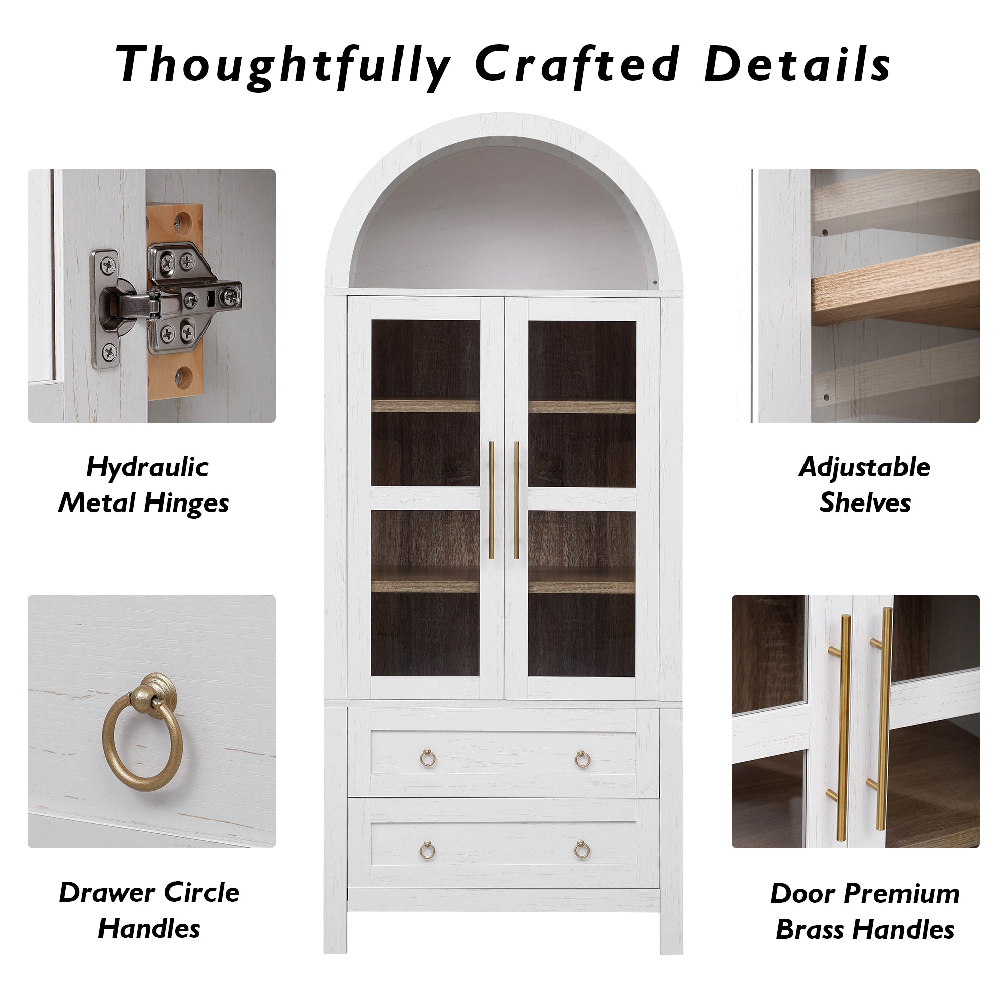 K&K 71' Tall Arched Kitchen Pantry Cabinet with 2 Large Drawers, Modern Farmhouse Kitchen Storage Cabinets with Adjustable Shelves, Glass Door, Wood Versatile Cupboard for Kitchens, Dining Room, White - Grand Goldman Shop