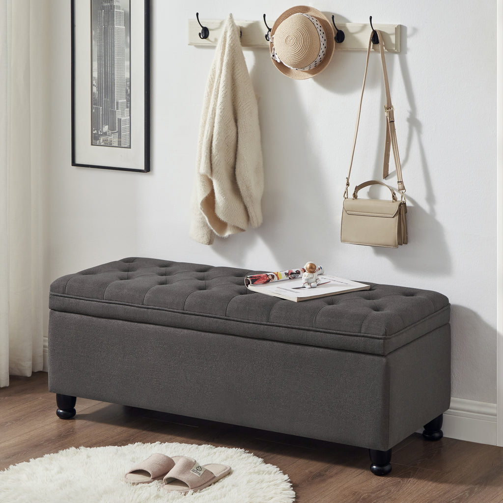 Upholstered tufted button storage bench ,Linen fabric entry bench with spindle wooden legs, Bed bench- Dark Gray - Grand Goldman Shop