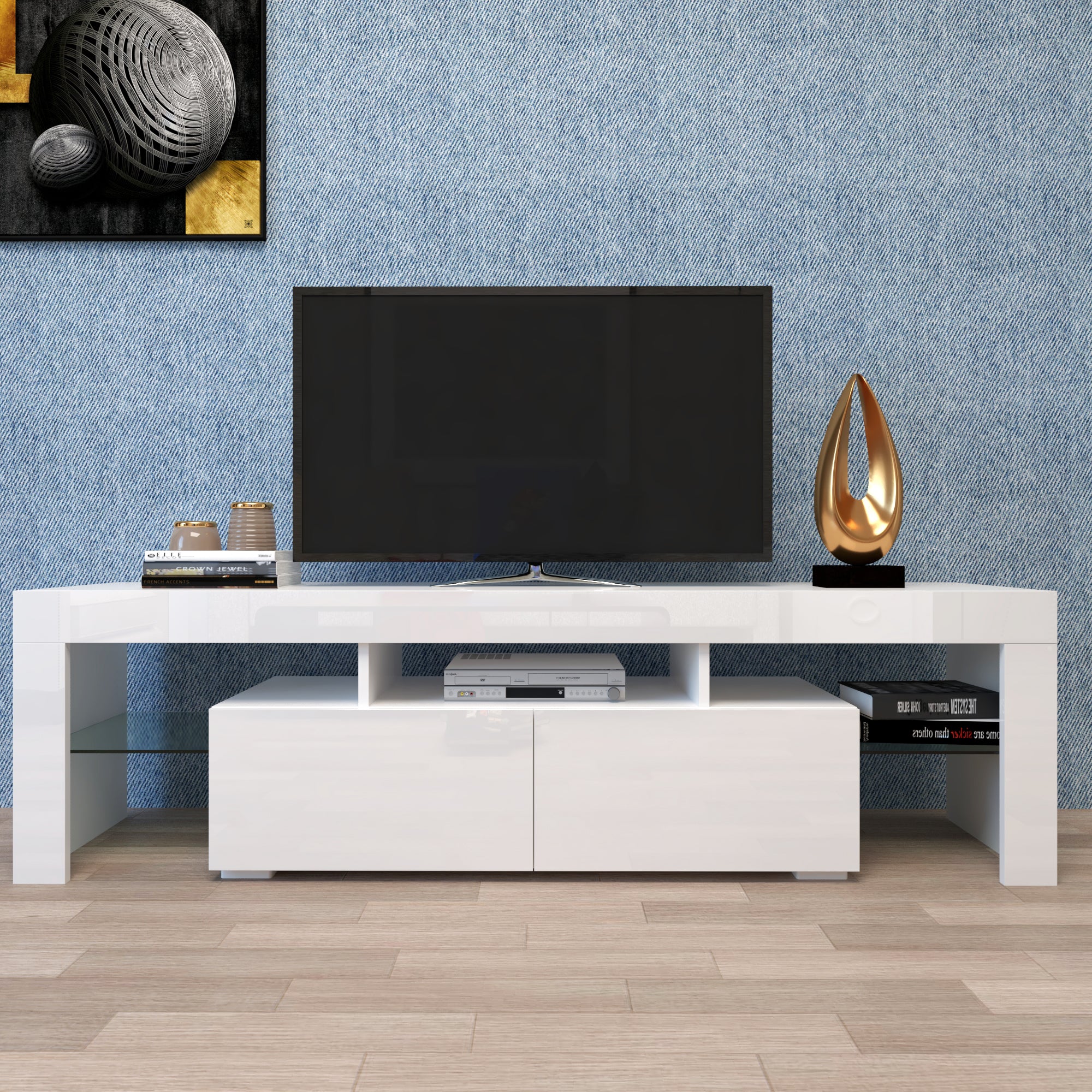 Modern White TV Stand, 20 Colors LED TV Stand w/Remote Control Lights - Grand Goldman Shop