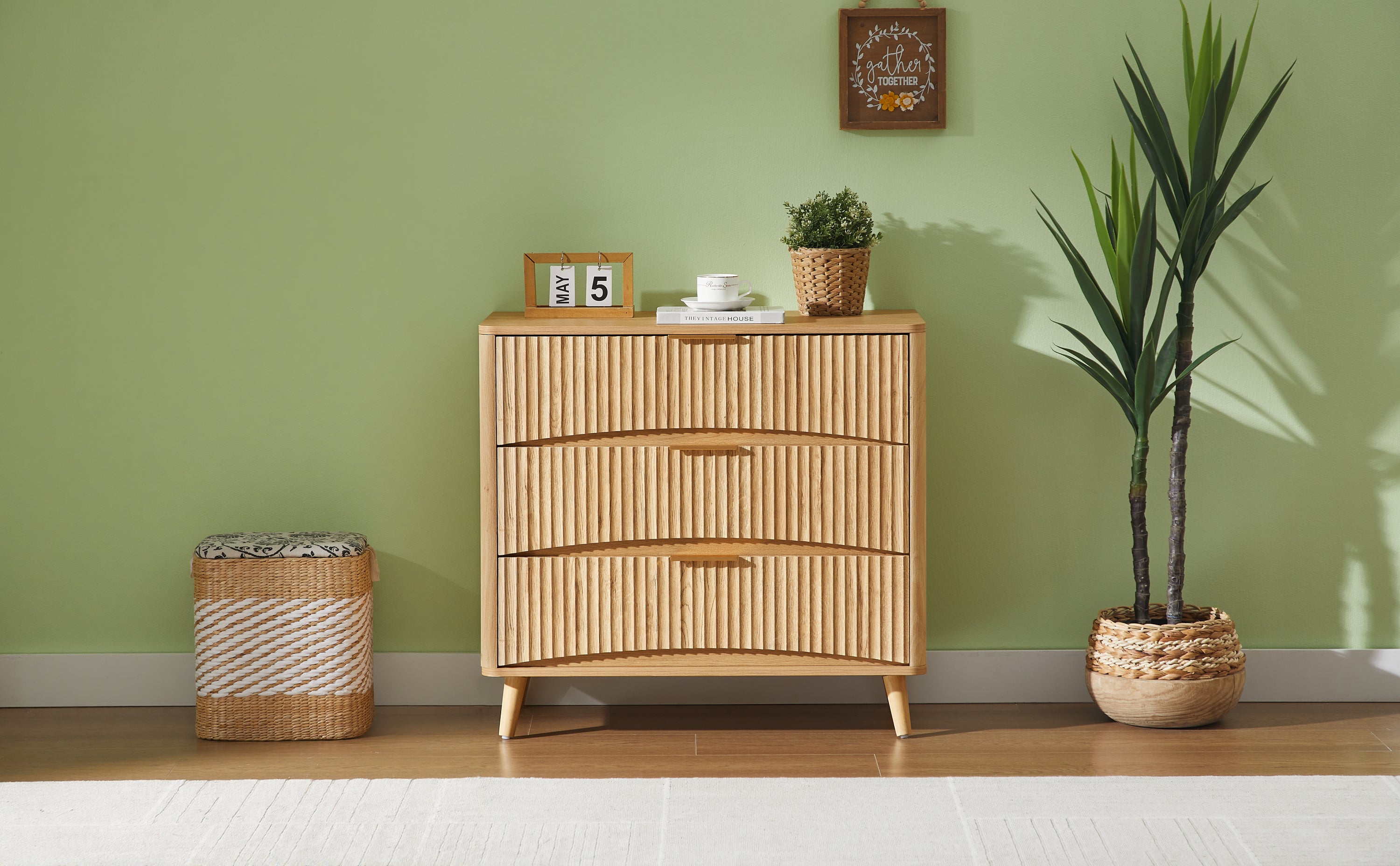 Fluted 3 Drawer Dresser Set of 2, Modern Tall Chest of Drawers with Vertical Grooved Design, Wood Storage Cabinet with Metal Handles for Bedroom Living Room, Oak. (23.6'W x 15'D x 30'H). - Grand Goldman Shop