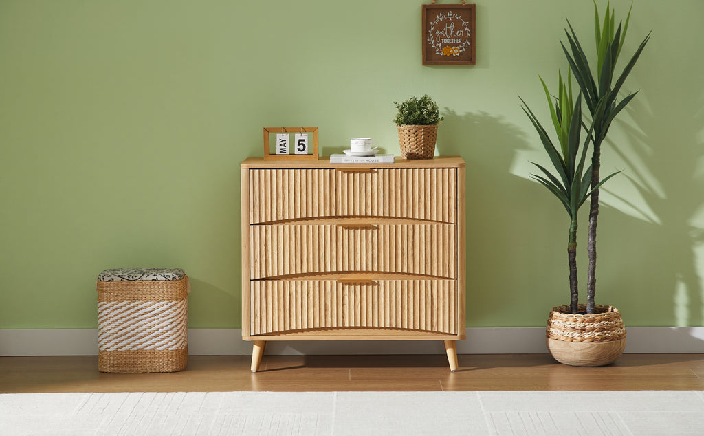 Fluted 3 Drawer Dresser, Modern Tall Chest of Drawers with Vertical Grooved Design, Wood Storage Cabinet with Metal Handles for Bedroom Living Room, Oak. (23.6'W x 15'D x 30'H). - Grand Goldman Shop