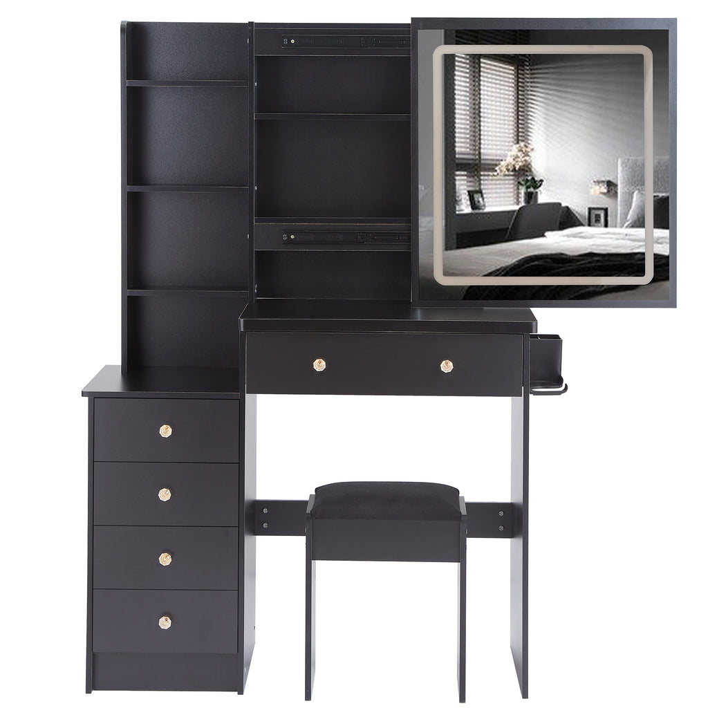 37' Middle Size Left Bedside Cabinet Vanity Table + Cushioned Stool Dresser Set, 2 AC+2 USB Socket, Hair Dryer Stand, Large Touch Control LED Sliding Mirror, 3-color Switch, EPA, GCC, UL Certificate - Grand Goldman Shop