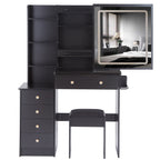 37' Middle Size Left Bedside Cabinet Vanity Table + Cushioned Stool Dresser Set, 2 AC+2 USB Socket, Hair Dryer Stand, Large Touch Control LED Sliding Mirror, 3-color Switch, EPA, GCC, UL Certificate - Grand Goldman Shop