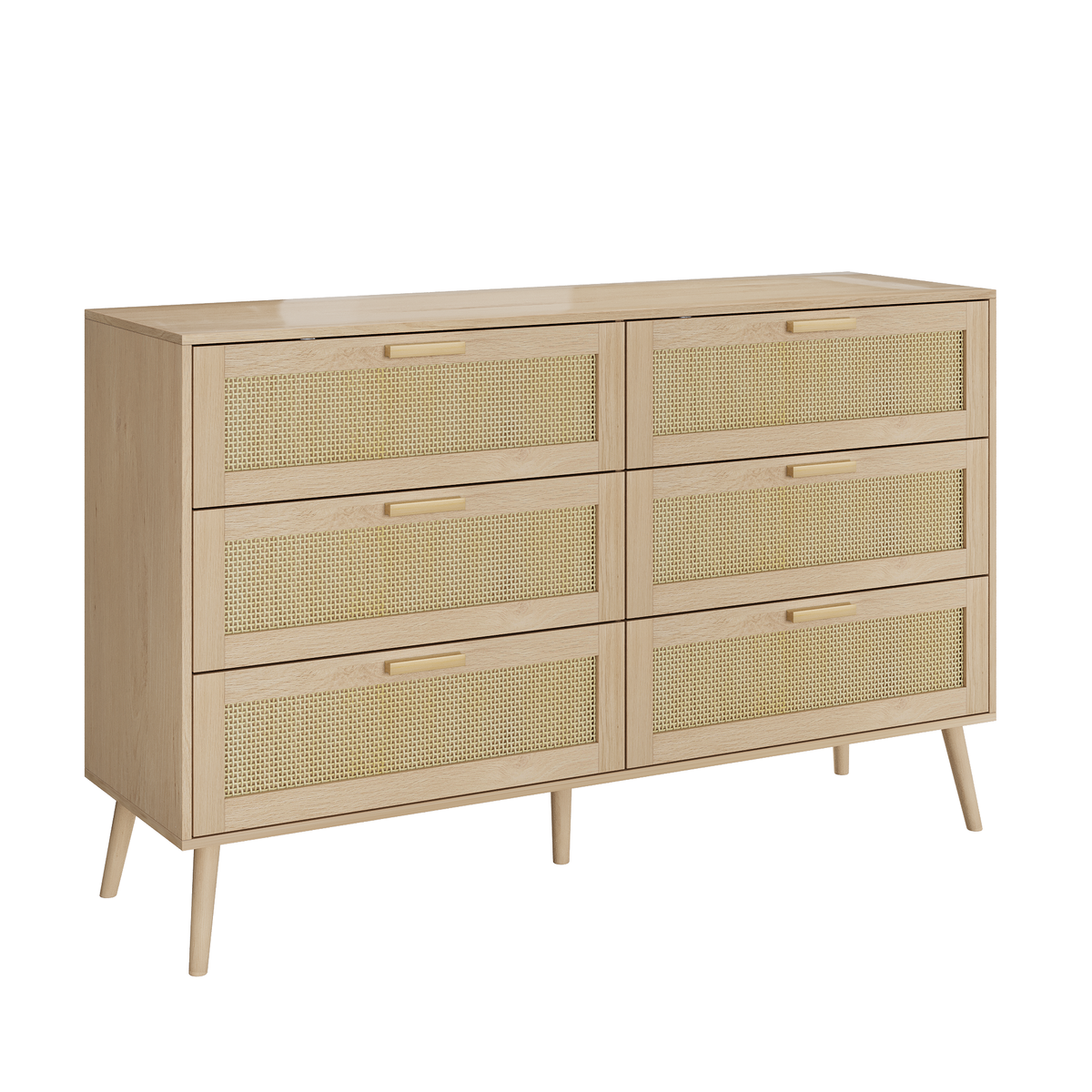 Rattan 6 Drawers Chest Of Dressers For Bedroom,  Modern 6 Drawer Dresser,  Wide Chest Of Drawers With Wood Handles,  Rattan Dresser Storage Cabinet For Living Room,  Bedroom,  Hallway - Grand Goldman Shop