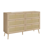 Rattan 6 Drawers Chest Of Dressers For Bedroom,  Modern 6 Drawer Dresser,  Wide Chest Of Drawers With Wood Handles,  Rattan Dresser Storage Cabinet For Living Room,  Bedroom,  Hallway - Grand Goldman Shop