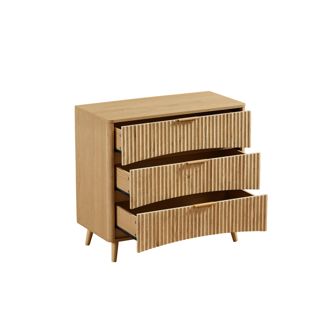 Fluted 3 Drawer Dresser, Modern Tall Chest of Drawers with Vertical Grooved Design, Wood Storage Cabinet with Metal Handles for Bedroom Living Room, Oak. (23.6'W x 15'D x 30'H). - Grand Goldman Shop