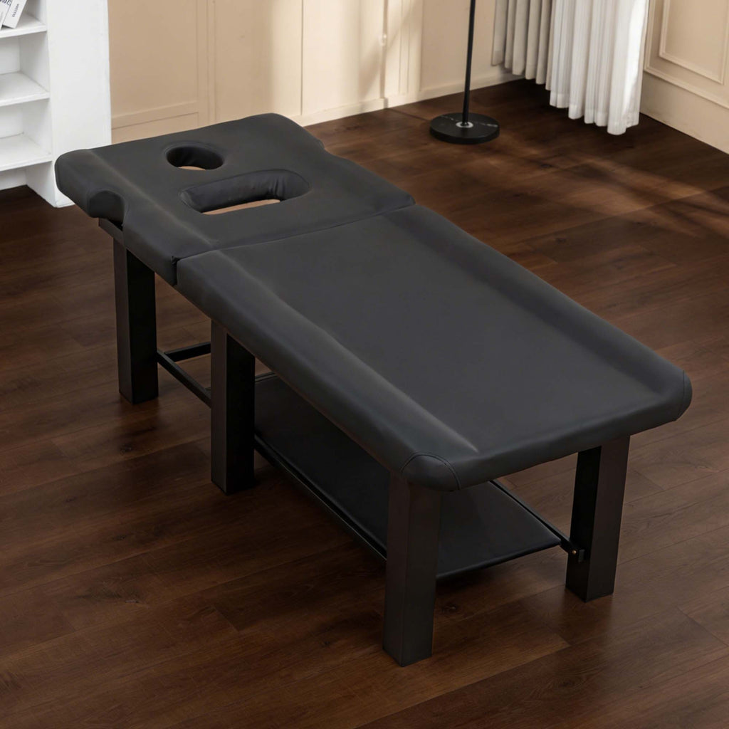 Spa Salon Massage Table with Bottom Storage, Adjustable Backrest (0-15°) & Detachable Headrest, High-Resiliency Waterproof Cu