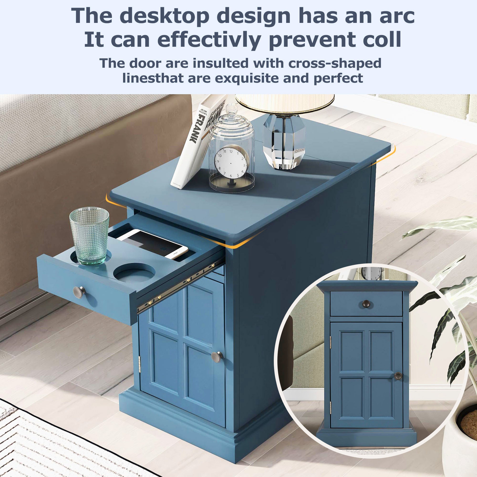 U-Can Classic Vintage Livingroom End Table Side Table with USB Ports and One Multifunctional Drawer with cup holders, Antique Navy (Old SKU: WF296294AAM) - Grand Goldman Shop