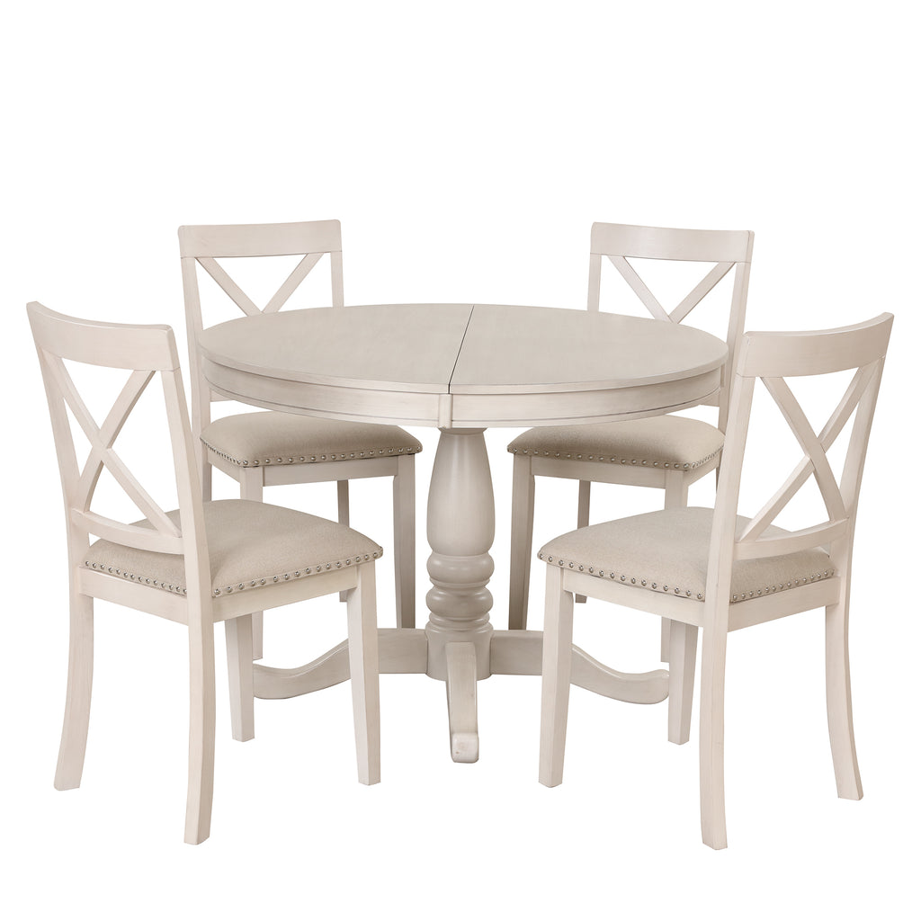 Antique White Modern Dining Table Set for 4 with Round Table and Chairs, Solid Wood & MDF - Grand Goldman Shop