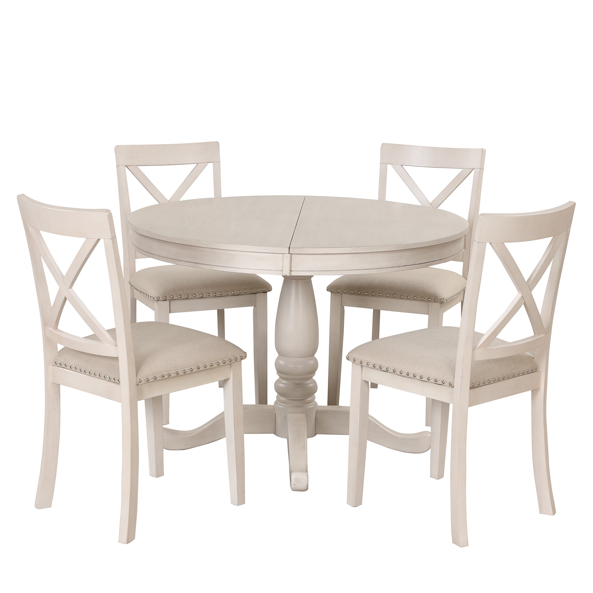Antique White Modern Dining Table Set for 4 with Round Table and Chairs, Solid Wood & MDF - Grand Goldman Shop