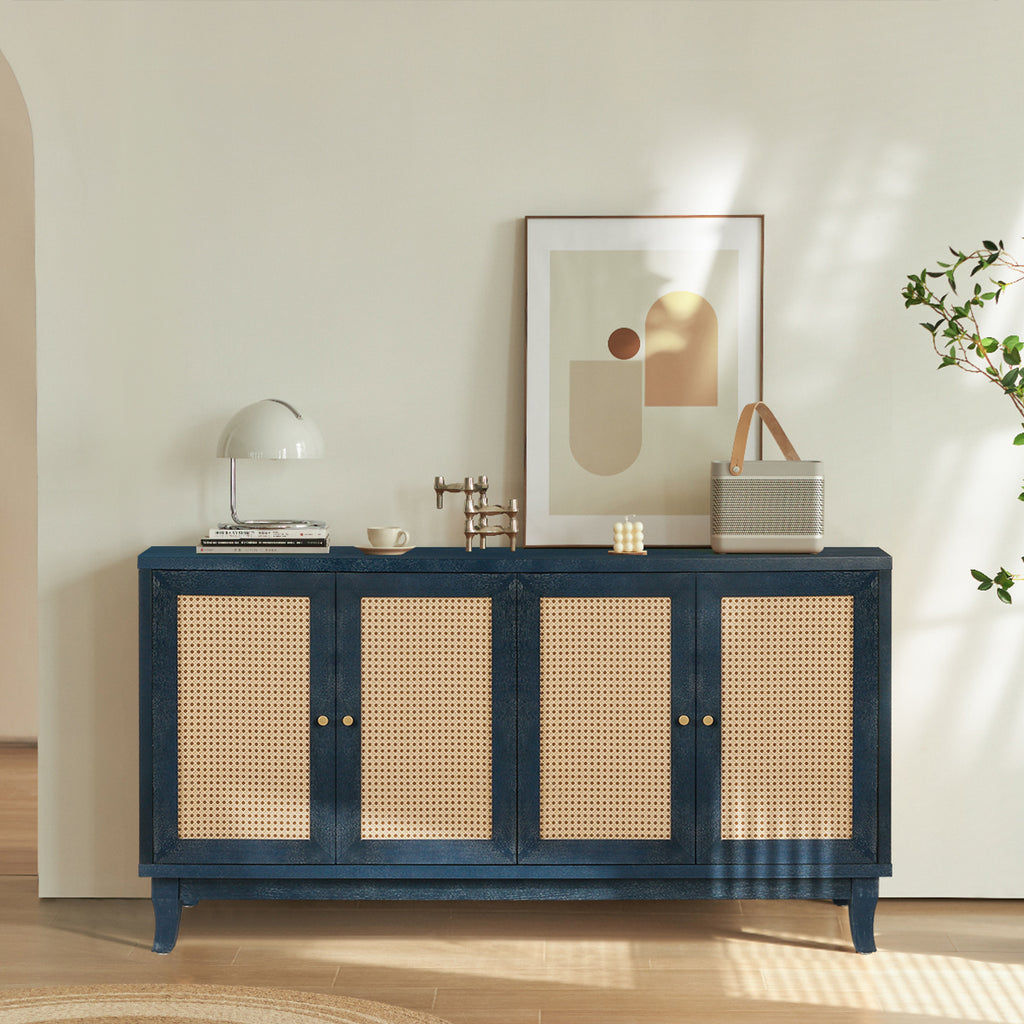 Handcrafted Premium Grain Panels,Rattan Sideboard Buffer Cabinet,Accent Storage Cabinet With 4 Rattan Doors, Modern Storage Cupboard Console Table with Adjustable Shelves for Living Room ,BLUE - Grand Goldman Shop