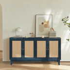 Handcrafted Premium Grain Panels,Rattan Sideboard Buffer Cabinet,Accent Storage Cabinet With 4 Rattan Doors, Modern Storage Cupboard Console Table with Adjustable Shelves for Living Room ,BLUE - Grand Goldman Shop