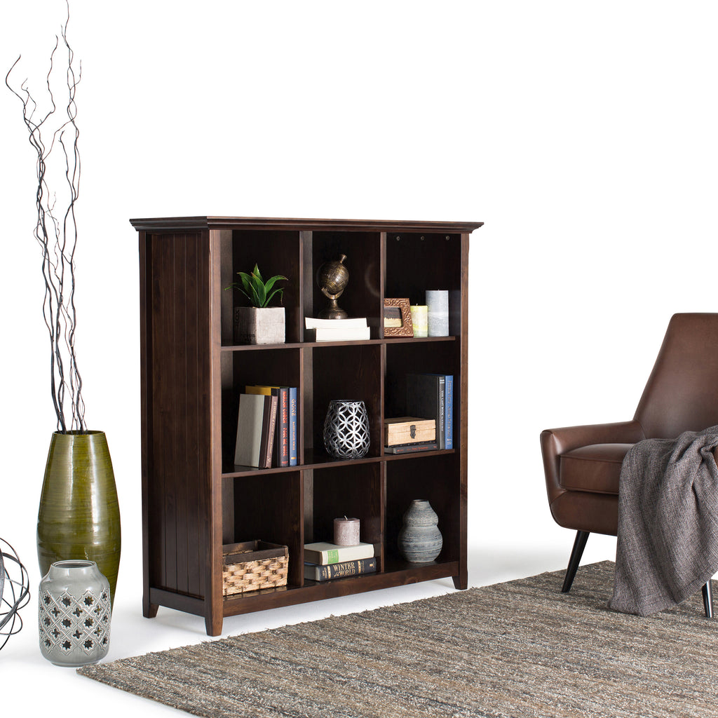 Acadian 9 Cube Bookcase and Storage Unit in Dark Brown Wood with Transitional Style, 44W x 15.75D x 48H inches - Shop Quality