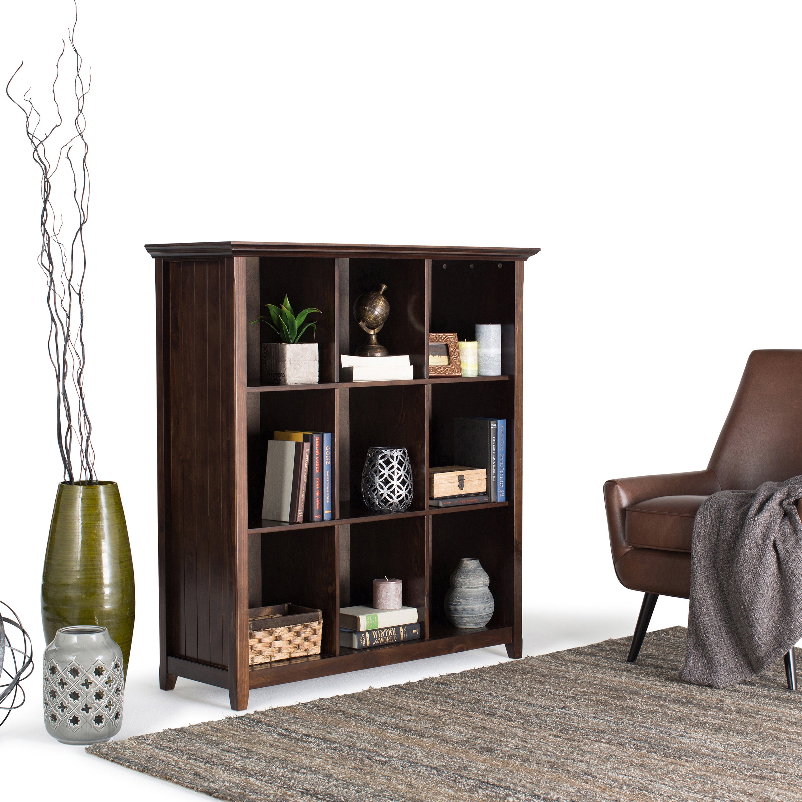 Acadian 9 Cube Bookcase and Storage Unit in Dark Brown Wood with Transitional Style, 44W x 15.75D x 48H inches - Shop Quality