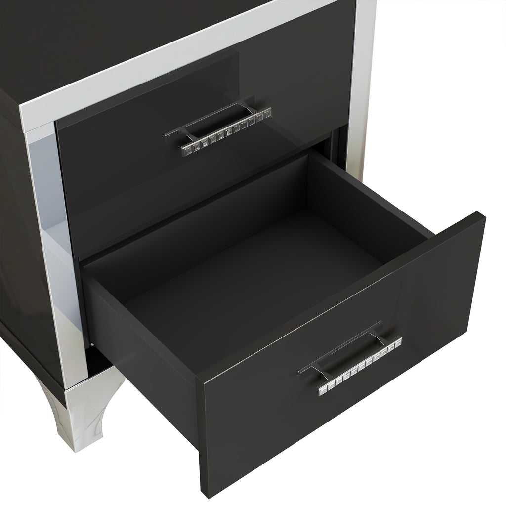 Elegant High Gloss Nightstand with Metal Handle,Mirrored Bedside Table with 2 Drawers for Bedroom,Living Room,Black - Grand Goldman Shop