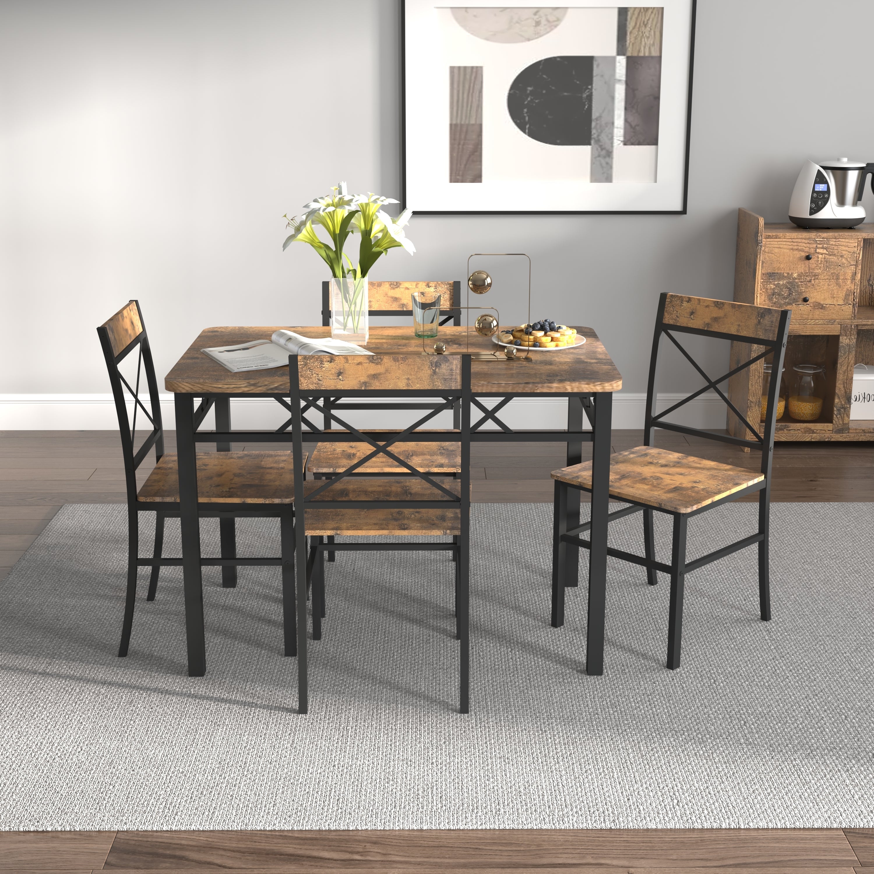 Dining Table Set for 4, Wood Kitchen Table with  Chairs Dinning Table Set for Kitchen & Dining Room, Compact Dining Set for Small Spaces, Rustic Brown - Grand Goldman Shop