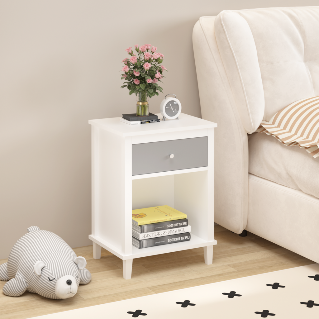 Gray+Silver Handle Wooden Nightstand 26.77''H with One Drawer One Shelf for Kids and Adults, White+Gray Finish MDF - Grand Goldman Shop