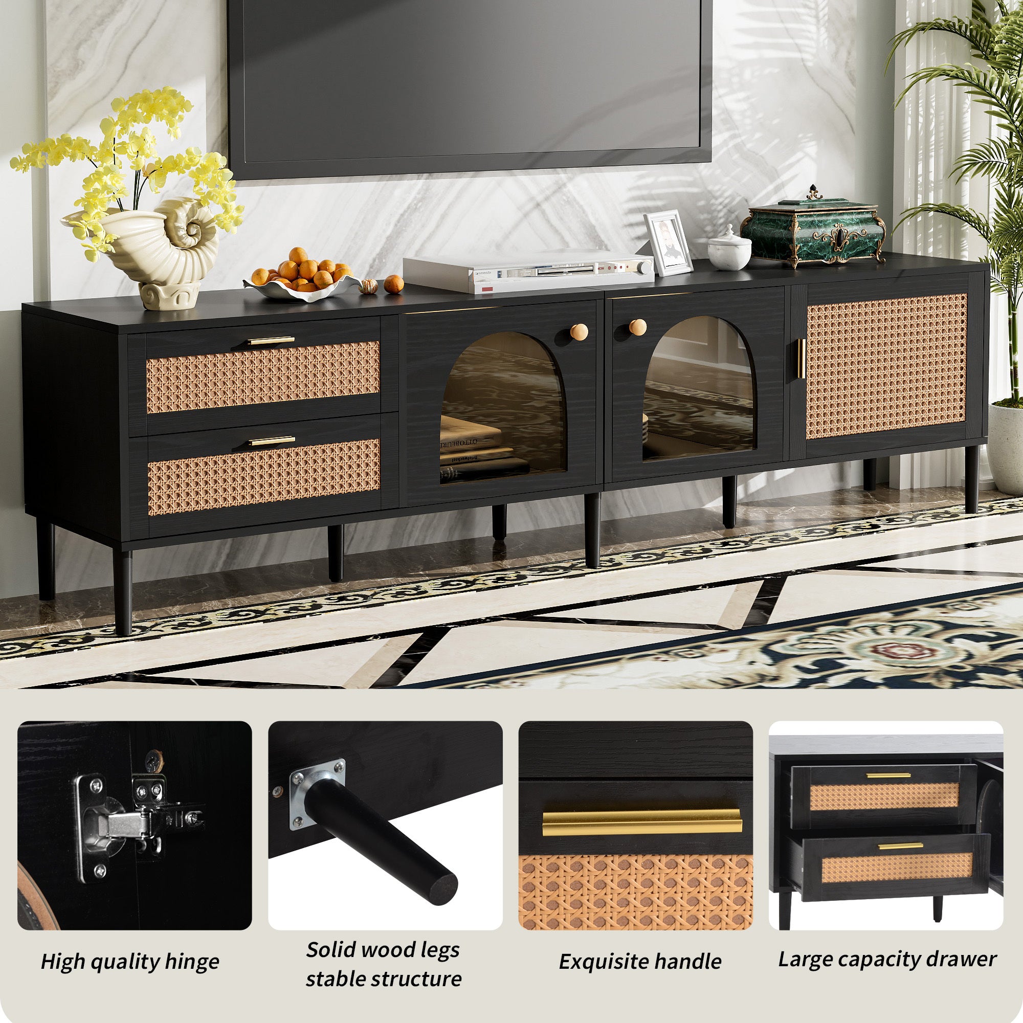 Black Rattan-inspired TV Stand with 3 Cabinets & 2 Drawers, MDF and Solid Wood Media Console for TVs up to 80'', Modern Living Room Entertainment Center - Grand Goldman Shop