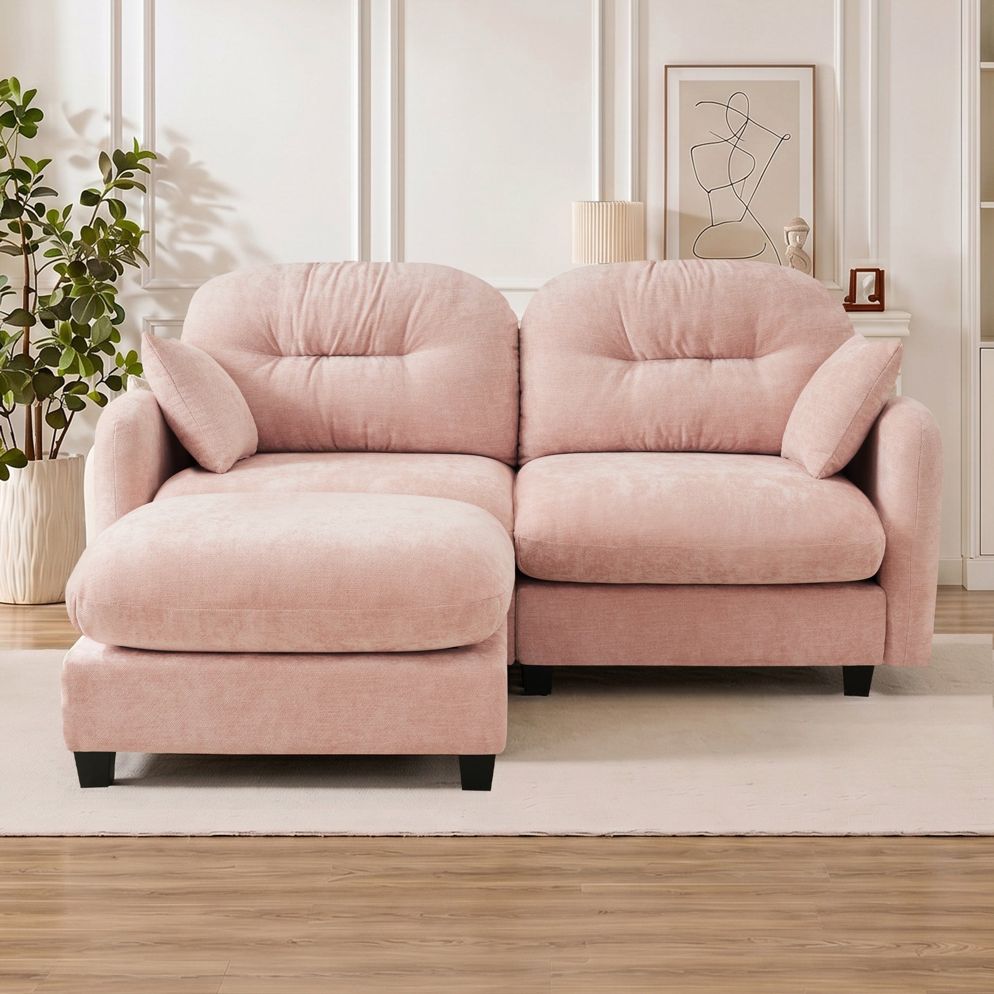 Cloud Sectional L-Shaped Couch With Ottoman,Soft Chenille Fabric,Quilted Pleated Design High-Density Foam,Fits Bedrooms Living Rooms Reading Nooks,Pink - Grand Goldman Shop